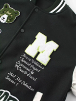 Veste universitaire streetwear patchwork personnalisée avec boutons-pression, col et poignets côtelés, poches avant, marque privée