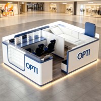 Kiosque d'opticien personnalisé avec miroir et sièges, présentoir à lunettes, stand de vente de lunettes de soleil pour centre commercial et grand magasin