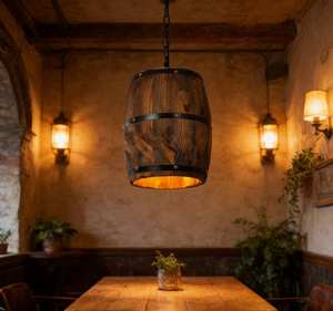 Lustre <span class=keywords><strong>en</strong></span> <span class=keywords><strong>bois</strong></span> de baril de vin suspendu, style industriel rustique vintage, LED, lumière blanc chaud, pour la maison, la cuisine, le restaurant, le bar - Product Image 2