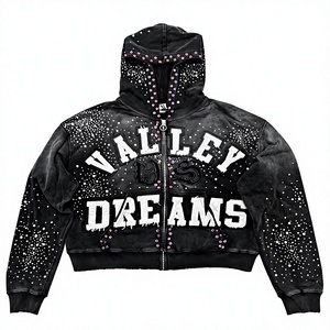 Sudadera con Capucha Valley Dreams con Pedrería para Hombre, Estilo Urbano, Estampado Brillante Negro, Logotipo Frontal, Ropa de Invierno, Forro Polar Transpirable - Product Image 1