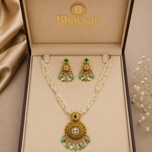 Traditional 22k Gold Multi Strand <b>Pearl</b> <b>Necklace</b> <b>Set</b> with Antique Pendant and Matching Earrings for Women - Product Image 5