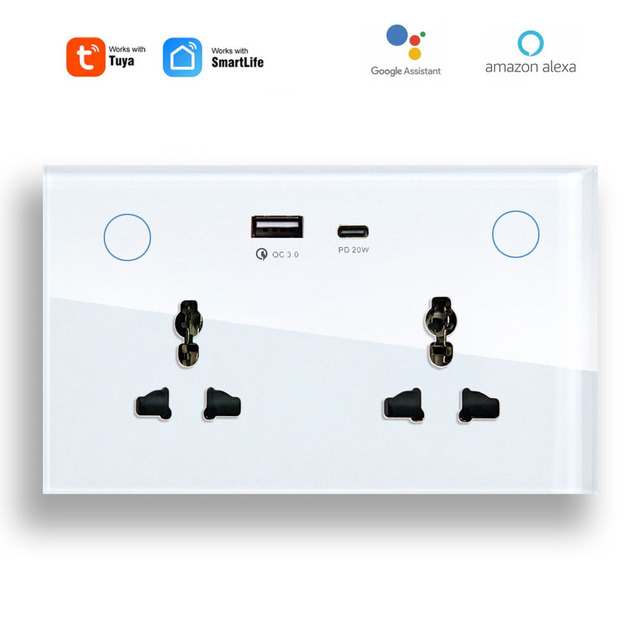 147mm 16A Tuya WiFi Smart Universal UK Type-C USB Glass Panel Wall Socket 110V 220V PD20W Smart Power Switches and Sockets