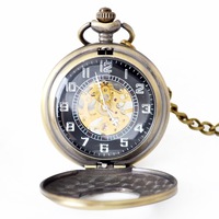 Montre de poche mécanique en bronze antique à remontage manuel, cadran squelette, chiffres romains, boîtier rond en alliage, motif floral, cadeau