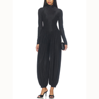 Combinaison plissée noire à manches longues et jambes larges pour femme, style décontracté, fabrication OEM/ODM