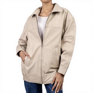 Veste utilitaire en cuir PU beige pour femme, manches longues, col montant, fermeture éclair, coupe-vent, style décontracté automne - Product Image 1