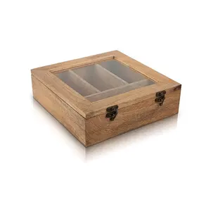 Деревянный ящик для хранения с перегородками и стеклянным окном, деревянный чайный ящик в деревенском стиле с металлическими замками, деревянные ящики с откидной крышкой