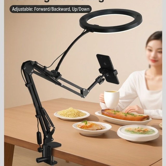 Overhead Camera Mount Desk Stand 10in LED Ring Light Dimmable Selfie Lamp with Phone Holder Flex Scissor Arm for Makeup Beauty