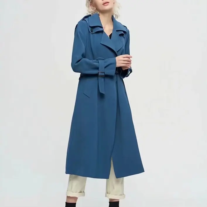 Mode Elegant Blauw Double Breasted Maxi Oversized Fit Winddicht Vrouwen Trenchcoat Lange Herfst