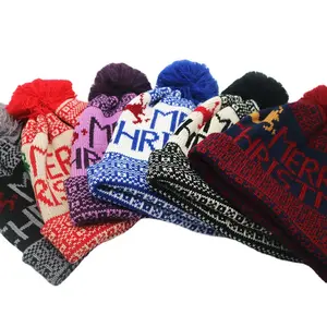 Bonnet d'hiver avec lettre de Noël imprimé jacquard à prix abordables avec pompon bonnet chaud en tricot avec logo personnalisé