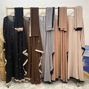 6763# Eid Lightweight Chiffon 2 PCS <b>Set</b> Chic Border Batwing Sleeves Classy Pearls With Belt Inside Match Hijab Abaya Dress - Product Image 6