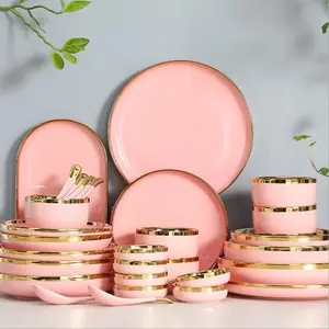 High quality luxury stoneware dinnerware sets for hotel restaurant golden rim ceramic dinner set