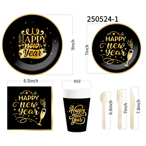 DAMAI New Years Eve Party Supplies Happy New Year Tableware Set <b>Disposable</b> Paper Plates Paper Cup Napkins and Wooden Cutlery - Product Image 5