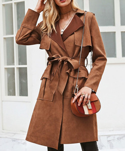 カスタム2019最新秋物ヴィンテージ風サッシュベルト付きフルスリーブポケット付き無地ロングオーバーサイズレディースポリエステルトレンチコート - Product Image 4