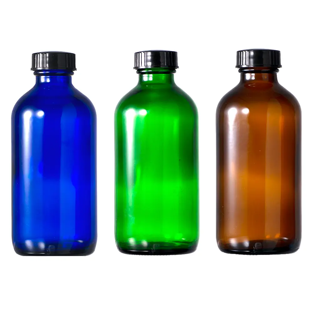 16 oz 500 ml 8 oz 250 ml Amber Green Blue Glass Boston Round Bottle With 28-400 Black Phenolic Poly-Seal Lined Screw Cap