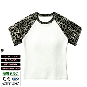 Men Leopard Print Raglan Sleeve T-<b>Shirt</b> 100% Polyester <b>Waffle</b> Fabric Breathable Casual O-Neck Regular Fit Customized OEM ODM - Product Image 1