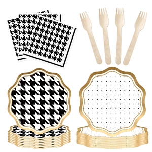 DAMAI Disposable <b>Black</b> and White Striped Wedding Party Plates and Silverware <b>Set</b> Light Blue <b>Dinner</b> Dessert Plates Serve 8 Guests - Product Image 4