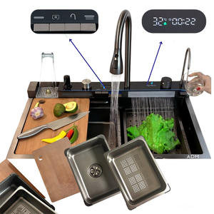 כיור מטבח גדול פופולרי עם שני תאים, רב תכליתי, עמיד בפני שריטות, עם תצוגה דיגיטלית LED, נירוסטה 304, כיור מפל. - Product Image 3