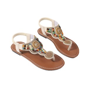 Womens Bohemian Beaded Flat <b>Sandals</b> <b>Elastic</b> Ankle Strap Thong Style Summer Casual Beach Footwear - Product Image 6