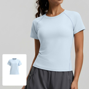 Femmes décontracté basique sortant Crop hauts Slim Fit manches courtes col rond serré <span class=keywords><strong>t</strong></span>-shirts femmes Gym à manches courtes <span class=keywords><strong>T</strong></span>-<span class=keywords><strong>Shirt</strong></span> Sport - Product Image 4