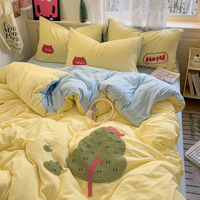Serviette d'arbre mignon en polyester lavé-Ensemble de literie 4 pièces brodé avec housse de couette Drap de lit et taies d'oreiller