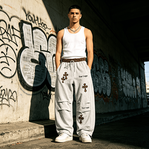 Men's Leopard Embroidery Cargo Sweatpants 100% Cotton Wide Leg <b>Drawstring</b> <b>Trousers</b> Custom Logo Streetwear Pants - Product Image 1
