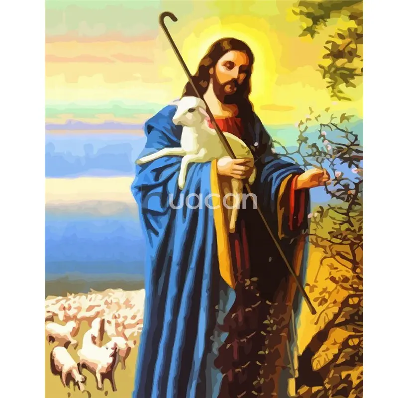 HUACAN lukisan dengan angka Yesus bingkai siap lukisan tangan lukisan minyak hadiah seni religius DIY cat dengan angka figur ikon kit