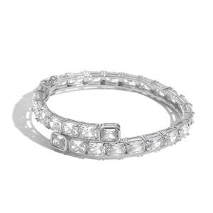 Luxury Full Eternity Baguette Cut Crystal Clear CZ Geometric Square Platinum Plated Adjustable Open <b>Bangle</b> - Product Image 2