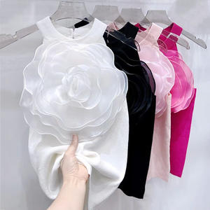 Nouveauté été 2024, tricot sexy, débardeur court femme, noir et <span class=keywords><strong>blanc</strong></span>, fleur 3D, débardeur en tricot sans manches sexy, coupe ajustée, débardeur à bretelles - Product Image 3