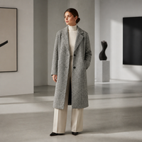 Manteau long en tissu chevron noir et blanc de qualité supérieure pour femmes, veste d'hiver en polyester de haute qualité, durable, col à revers cranté