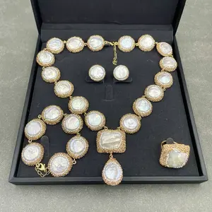 Baroque Freshwater Keshi Shaped Pearl Set European&American Fashion Luxury Handmade Inlaid Czech Jewelry Set