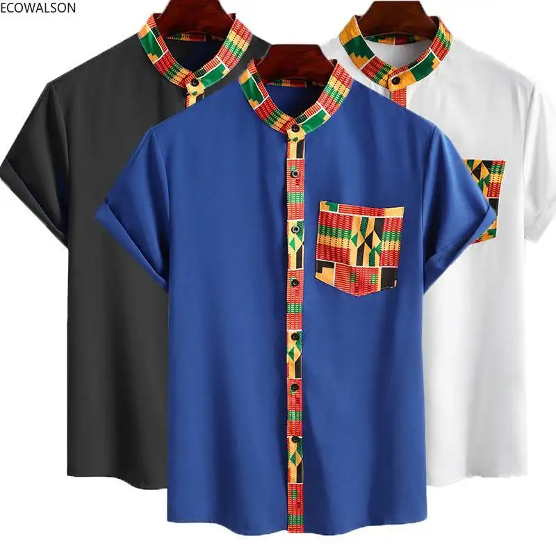 अफ़्रीकी पुरुषों के कपड़े मुद्रित पैचवर्क डिज़ाइन छोटी आस्तीन बटन अप अफ़्रीकी शर्ट पारंपरिक दशिकी 2023 ग्रीष्मकालीन फैशन टॉप