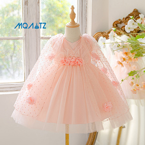 MQATZ Robe de bal en satin pour filles, <span class=keywords><strong>tenue</strong></span> d'anniversaire petite princesse d'été avec dentelle florale et décoration de nœud, col en O AI6065 - Product Image 2