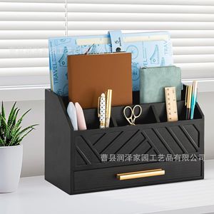 Black Wooden Desktop Organizer With <b>Drawer</b> <b>File</b> Holder Stationery Storage Office Supplies Shelf Rectangle Standing Type - Product Image 2