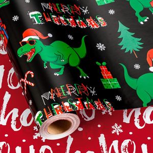 Dinosaur Christmas Wrapping Paper Roll 17 Inch x 33 Feet Reversible Gift Wrap For Kids Holiday Decorations - Product Image 1