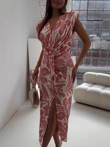 Robe midi pour femme à col en V avec nœud torsadé, style européen et américain, manches courtes, imprimé feuilles abstraites, fente latérale, coupe ajustée, robe de soirée - Product Image 4