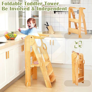 Tour d'apprentissage en bois réglable et personnalisable pour enfants, avec garde-corps, tabouret d'appoint en bois massif pour tout-petits - Product Image 2