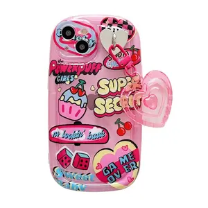 Ins Pink Girl Retro Graffiti Silicone Case With Heart KeyChain Phone Case for iPhone 11 12 13 14 pro max XR XS Max