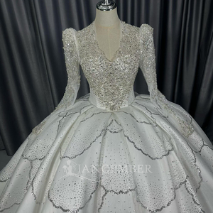 Lscm106 Ivory Deep V Neck Ball Gown <b>Wedding</b> Dress Heavy Beaded Sequin Scalloped Tiered Lace Up Back Gown Jancember - Product Image 2