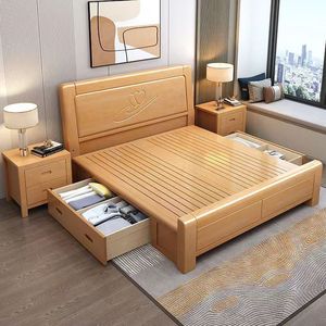Lit double en bois massif de bouleau Dazhang Jiaju 1,8m/1,5m avec rangement, coffre haut pour enfants, adultes et seniors, chambre moderne et minimaliste - Product Image 4