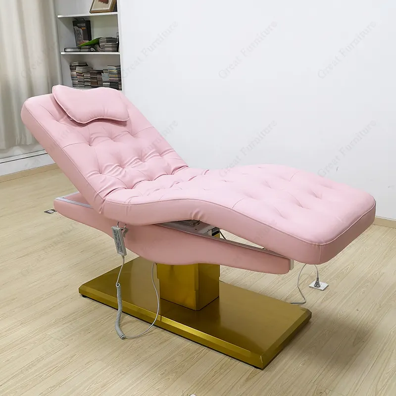 Table de massage de luxe en cuir tufté lit de spa pour le visage à base de cils en acier inoxydable doré à vendre