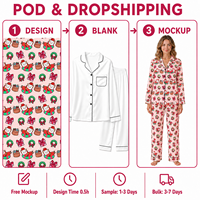 Pyjama personnalisé rose pour femme avec motif de Noël, Père Noël, chat et couronne, col cranté, en polyester satiné, POD, MOQ 1 pièce, Dropshipping