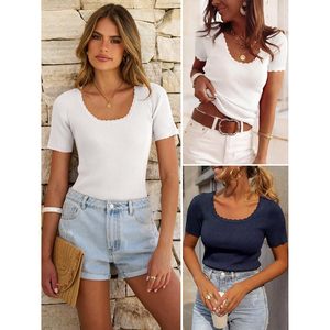 FOXA Top de punto acanalado de manga corta para mujer, cuello redondo, informal, ligero, primavera-verano, color blanco - Product Image 6