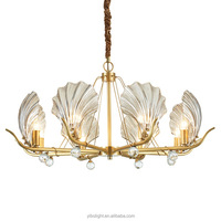 Lustre en verre texturé coquille avec bras en cuivre, lampe suspendue décorative en cristal pour salle à manger, chambre, villa
