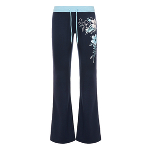 Comfortable <b>Summer</b> Floral Print Embroidery Color Block Drawstring Eco-Friendly Breathable Casual Flare Knit <b>Pants</b> for Women - Product Image 6