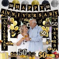 Kit de décorations pour le 50e anniversaire de mariage, fournitures de fête noires et dorées pour le 50e anniversaire, toile de fond, spirales suspendues, pompons