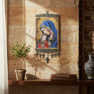 Ornement mural suspendu de 20 cm avec tissu tissé turc conçu par la Vierge Marie de Turquie - Product Image 3