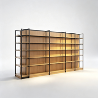 Estanterías de góndola de acero y madera con barandilla frontal anticaída, estanterías modulares para exhibición en tiendas de comestibles