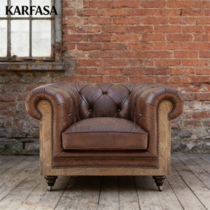 Sofa Dua Dudukan Kulit Sapi Asli Chesterfield Gaya Vintage Amerika untuk Ruang Tamu dengan Gaya Antik Kayu - Product Image 2