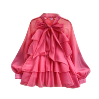 Blusas informales con cuello de lazo de manga larga para mujer, camisas con volantes y mangas abullonadas, Tops dulces para mujer, ropa