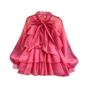 Blouses décontractées à manches longues et nœud à volants pour femmes, chemises à manches bouffantes, hauts doux pour dames, vêtements - Product Image 5